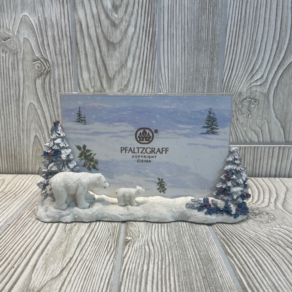 Pfaltzgraff Polar Bear Winter Snow Scene 4x6 Picture Frame Silver Trees Holiday